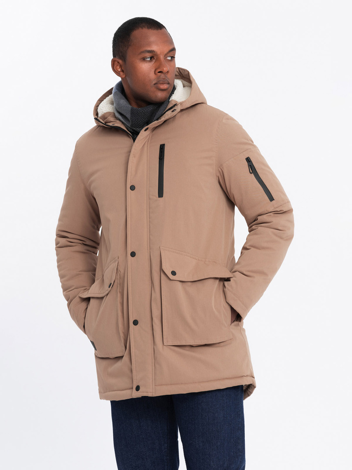 Men's long parka sherpa jacket - beige V1 OM-JALJ-0181