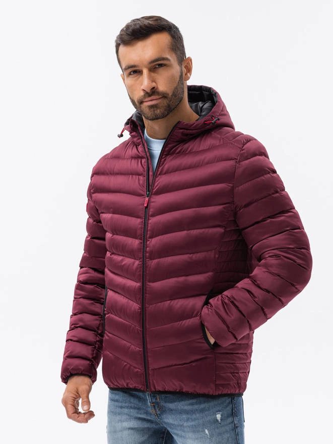 Men's quilted jacket with satin finish - maroon V16 OM-JALP-0121