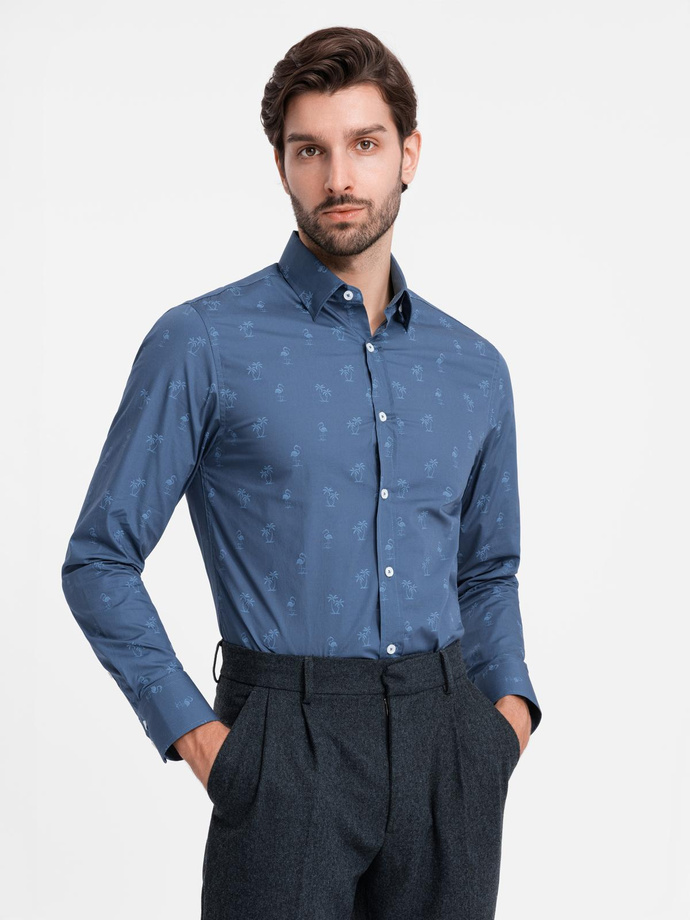 Klasyczna męska bawełniana koszula SLIM FIT w palmy - ciemnoniebieska V5 OM-SHCS-0156