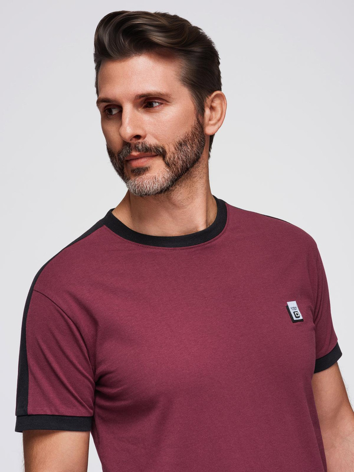 Men's T-shirt with contrasting stripes - maroon V2 OM-TSCT-0115