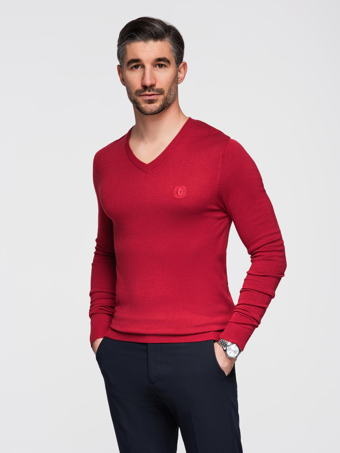 Męski elegancki sweter V-neck BASIC z wiskozą – czerwony V20 OM-SWBS-0107