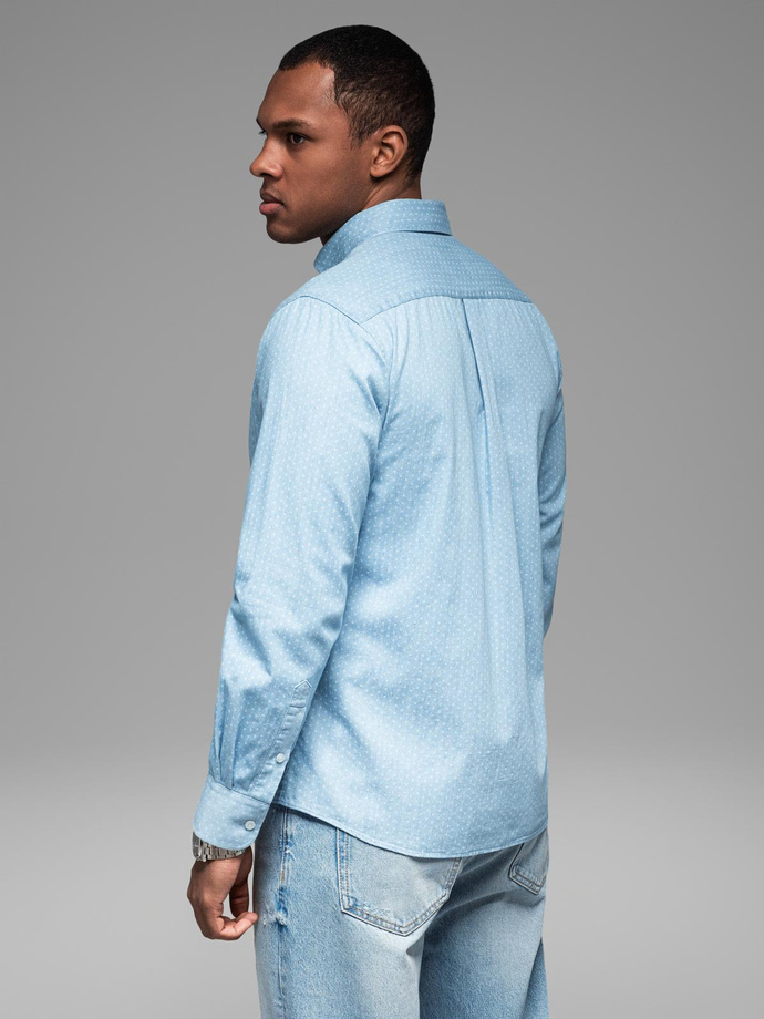 Men's patterned thin denim shirt with pocket - light blue V1 OM-SHDS-0179