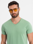 Bawełniana klasyczna męska koszulka z dekoltem w serek BASIC – zielona V11 OM-TSBS-0237