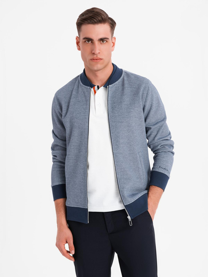 Bluza męska bomberka z dzianiny pique – granatowa V2 OM-SSZP-0238