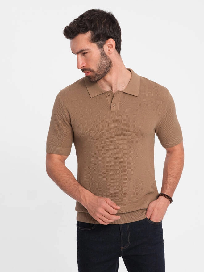 Men's cotton structured knit polo shirt - light brown V3 OM-POSS-0117