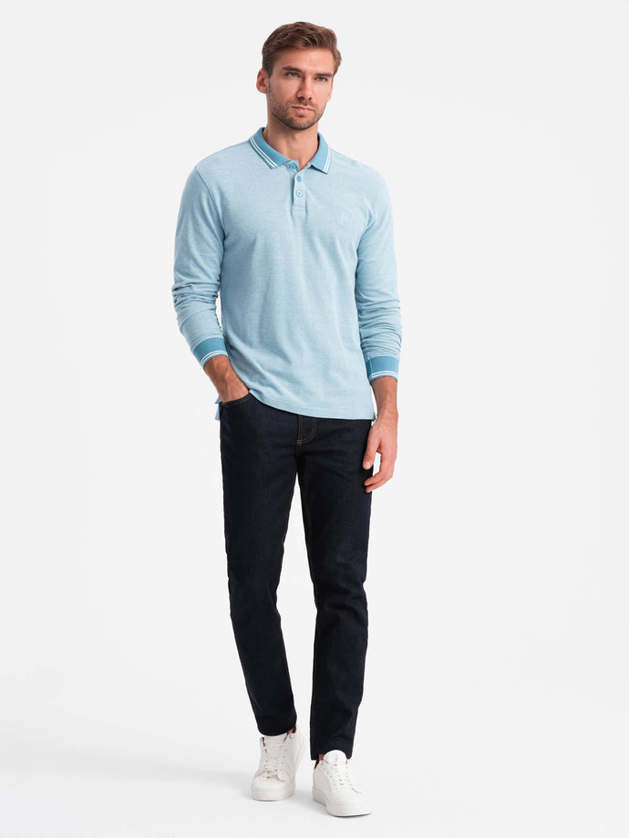Men's melange polo longsleeve with embroidery - blue melange V3 OM-POLS-0129