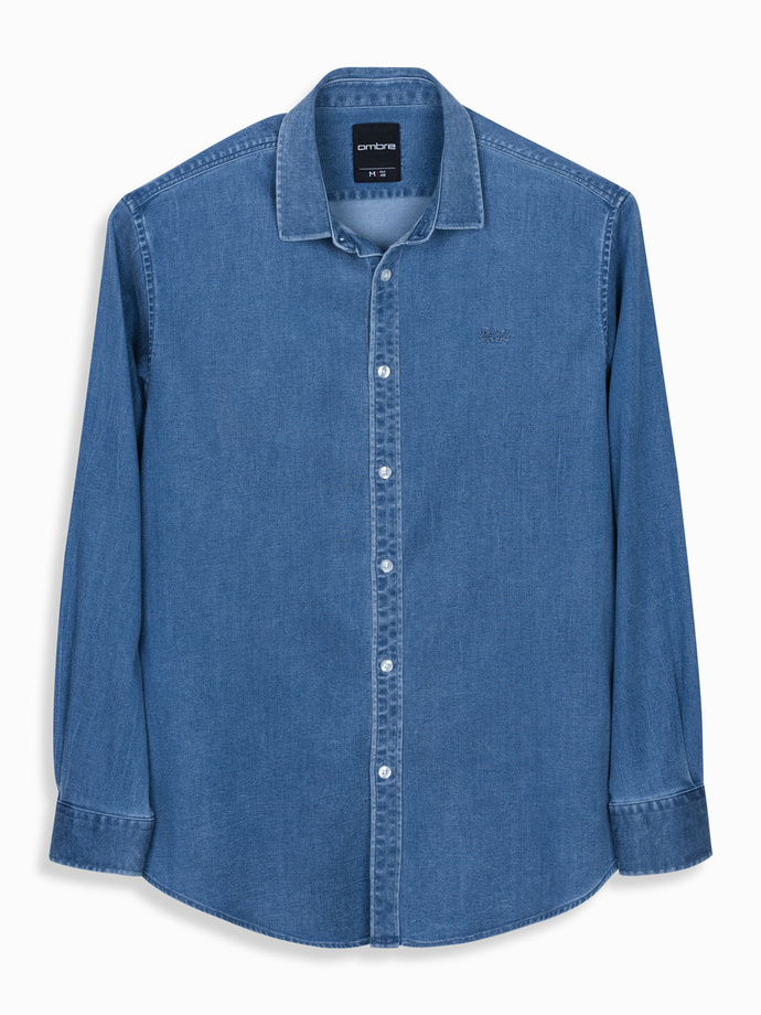 Men's denim shirt with lyocell and embroidery on the chest - blue V2 OM-SHDS-0180