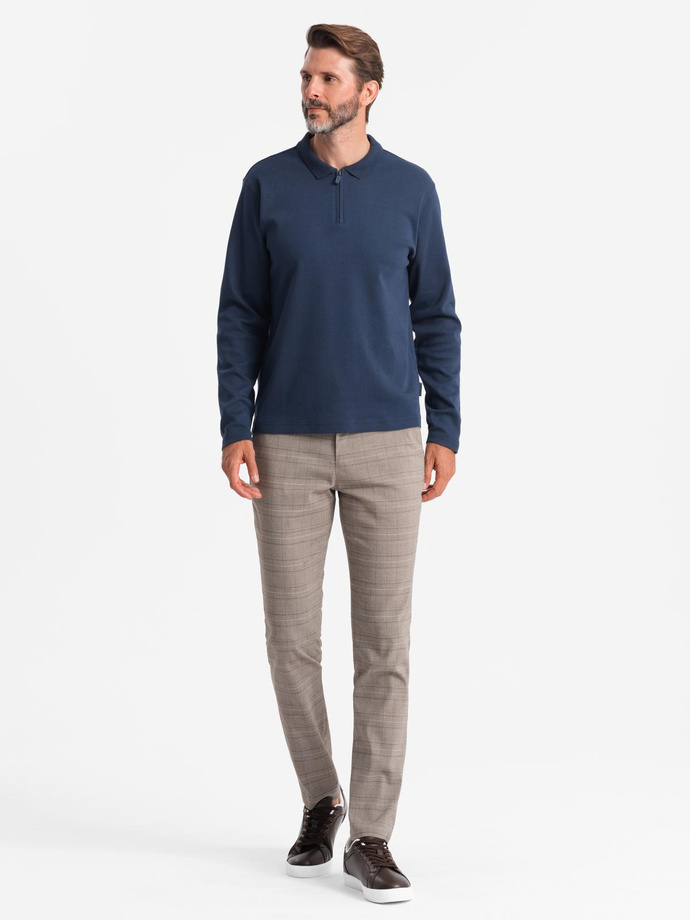 Men's polo longsleeve with zippered collar - navy blue V7 OM-POLS-0130
