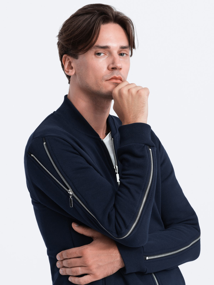 Men's bomber jacket with decorative zips on sleeves AMSTERDAM - navy blue B1367