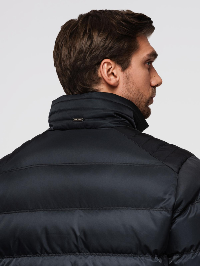 Men's quilted jacket with gloss and stand-up collar - black V1 OM-JALP-0218