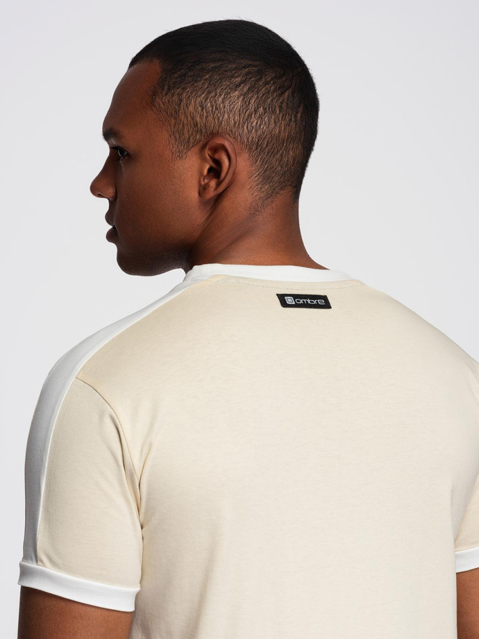 Men's t-shirt with contrasting stripes - cream V7 OM-TSCT-0115