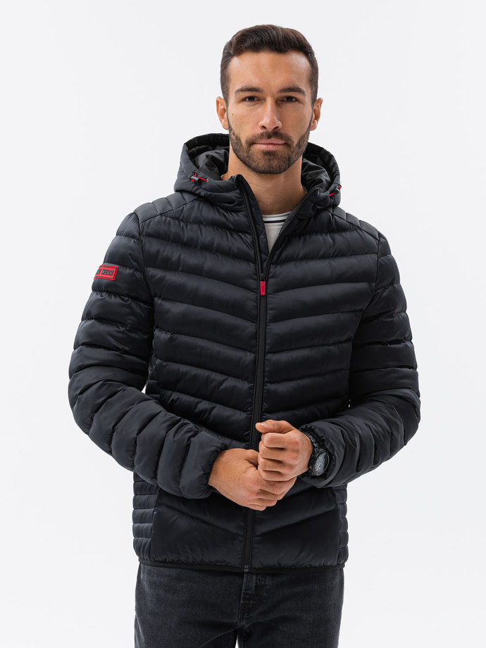 Men's quilted jacket with satin finish - black V2 OM-JALP-0121