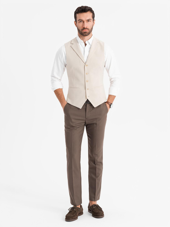 Fitted elegant men's vest with elastane and lapels - beige V2 OM-BLZV-0145