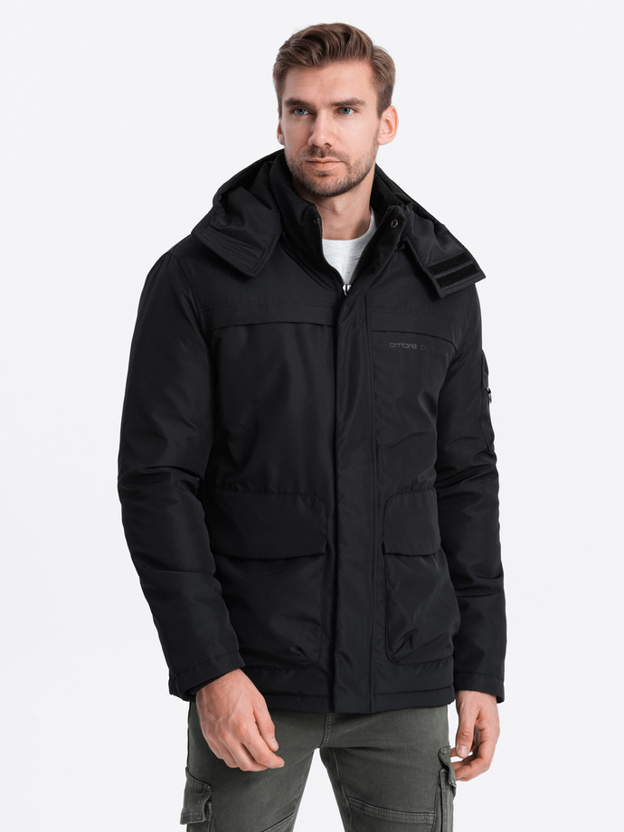 Men's insulated jacket with hood - black V5 OM-JAHP-0128