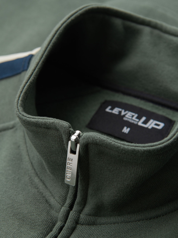 Męska bluza dresowa z wysokim kołnierzem i lampasami – oliwkowa V2 OM-SSZP-0219