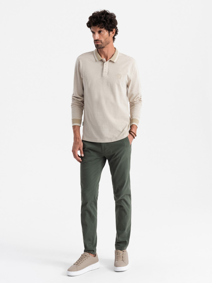 Men's melange polo longsleeve with embroidery - sand melange V4 OM-POLS-0129