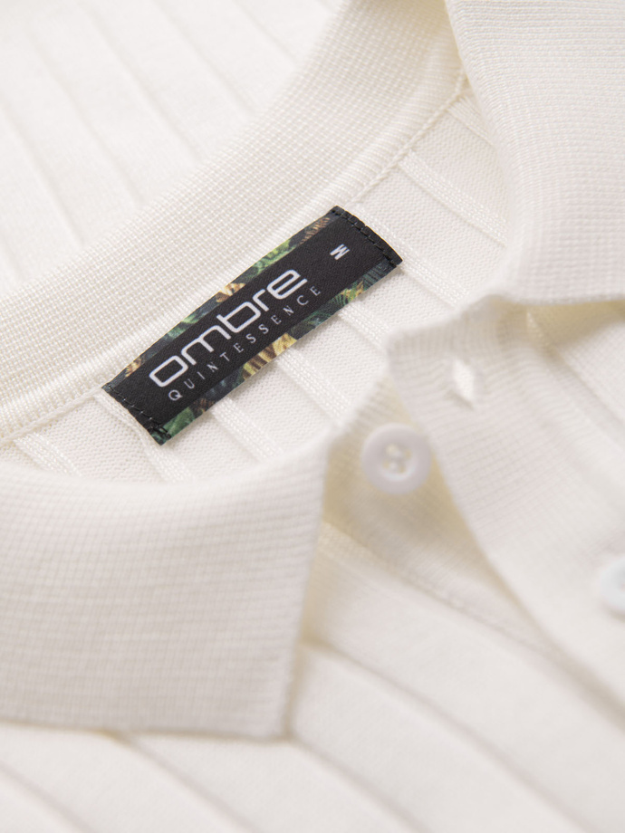 Męska koszulka polo z wiskozą SLIM FIT w pionowy prążek – złamana biel V3 OM-POSS-0143