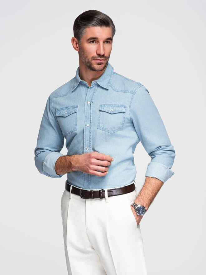 Men's denim snap shirt with pockets - light blue V1 OM-SHDS-0210