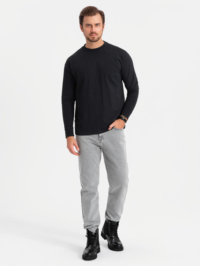 Men's LOOSE FIT cotton longsleeve with round neckline - black V1 OM-LSBC-0129
