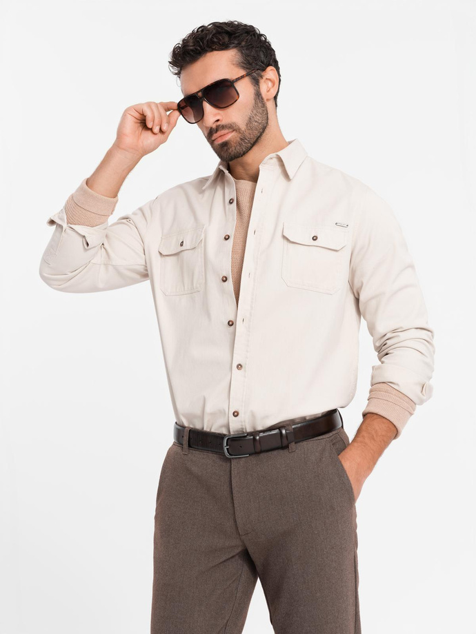 Men's REGULAR FIT cotton shirt with buttoned pockets - cream V1 OM-SHCS-0146