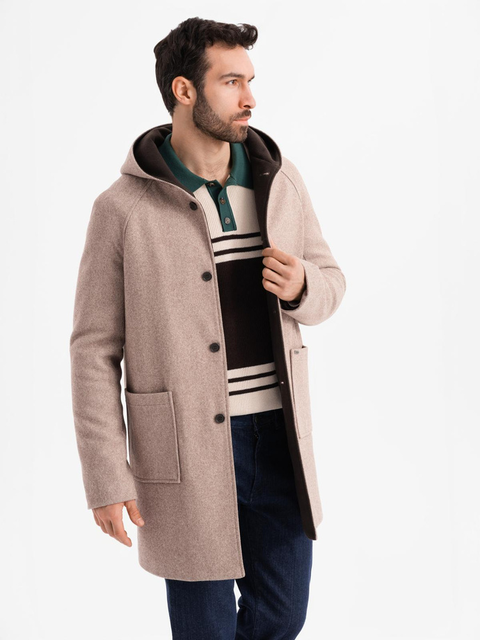 Melange long men's hooded coat - beige V2 OM-COWC-0122