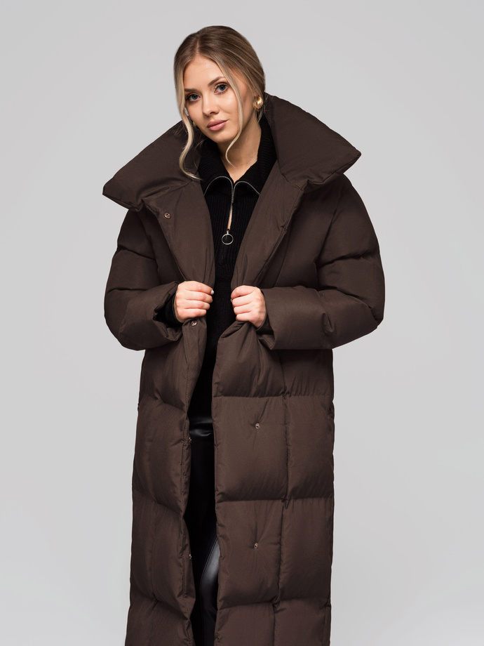 Kurtka damska pikowana długa z paskiem OW-JALJ-0104 v4 - brown