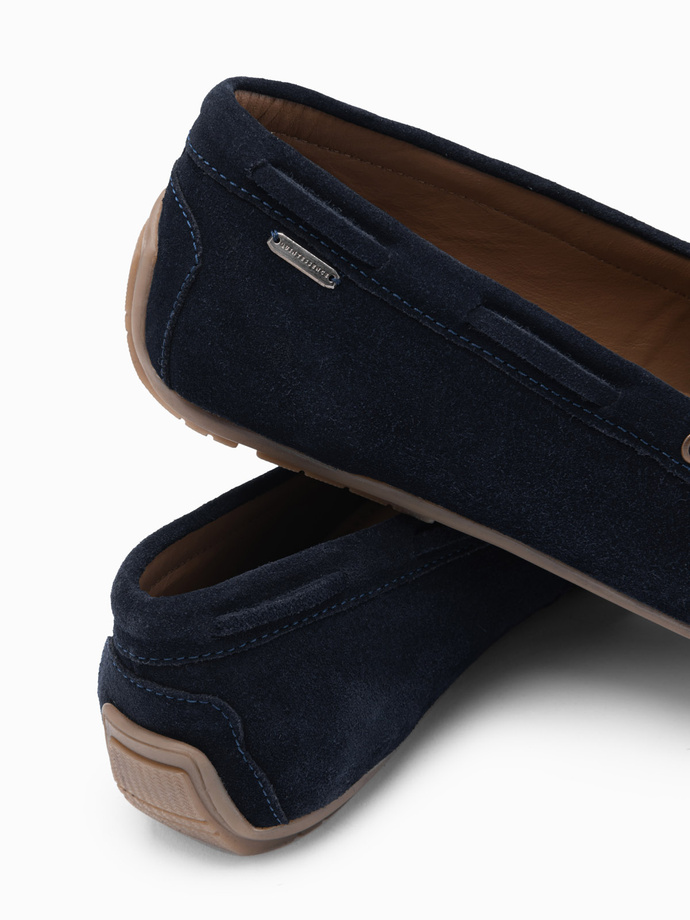 Męskie buty mokasyny skórzane z rzemykiem i podeszwą driver - granatowe V4 OM-FOCS-0150