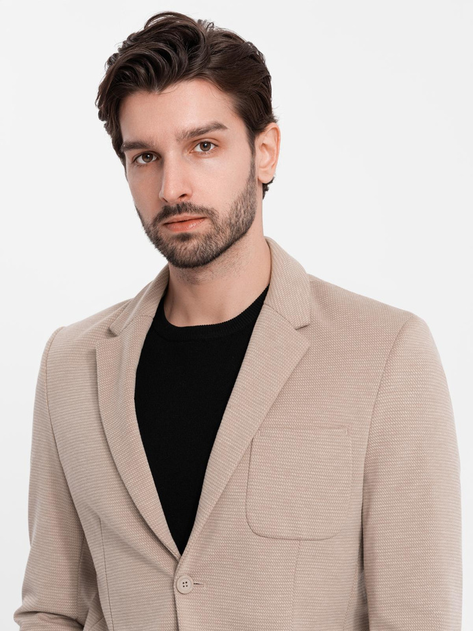 Elegant fitted men's structured knit blazer - beige V2 OM-BLZB-0129
