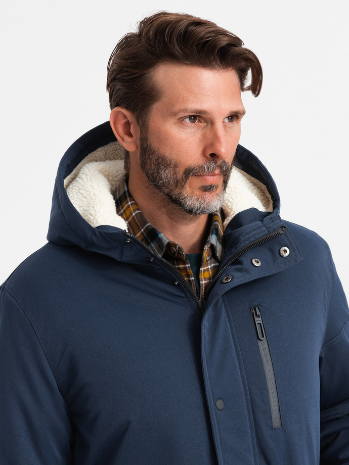 Men's long parka sherpa jacket – navy blue V2 OM-JALJ-0181