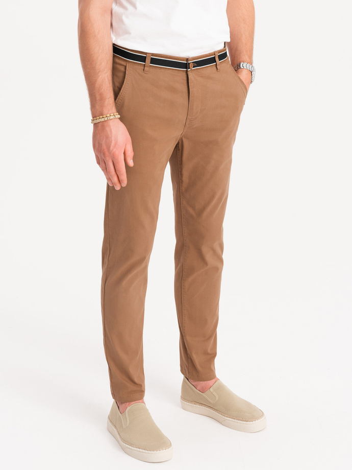 Men's chino pants with decorative waistband - brown V4 OM-PACP-0118