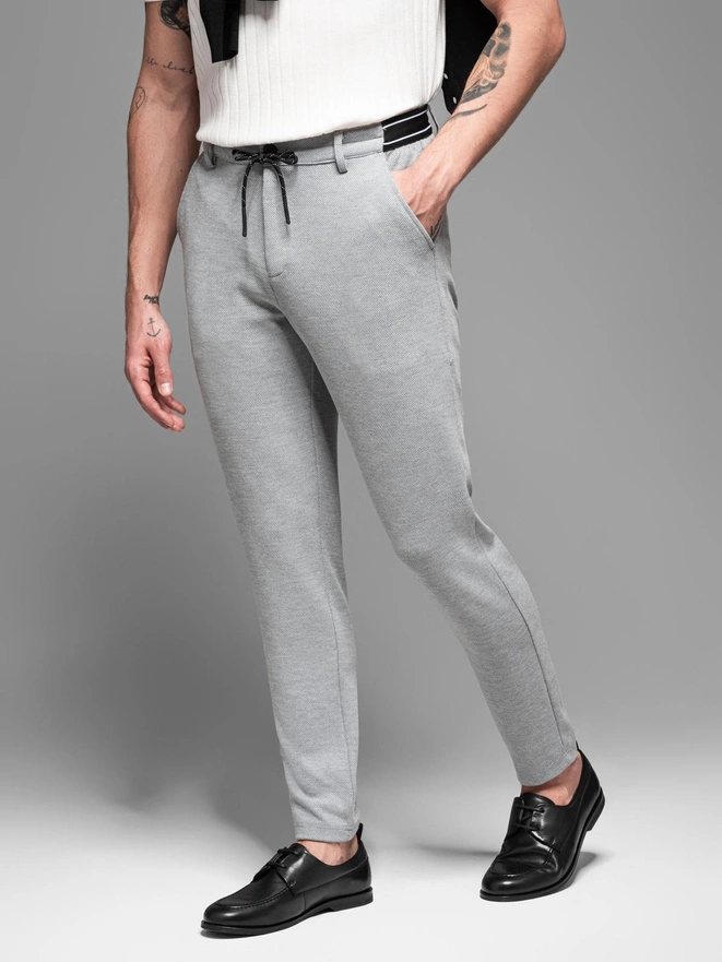 Men's knitted pants with elastic waistband - light grey V1 OM-PACP-0116