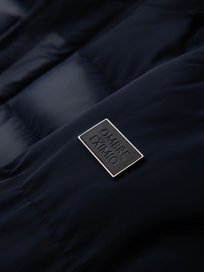 Men's quilted jacket with combined materials and hood - navy blue V3 OM-JALJ-0266