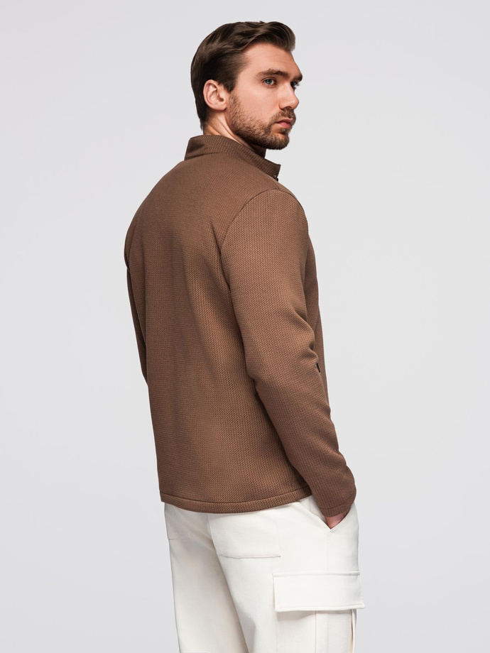 Męska strukturalna kurtka biker ze stójką  – brązowa V2 OM-JANP-0229