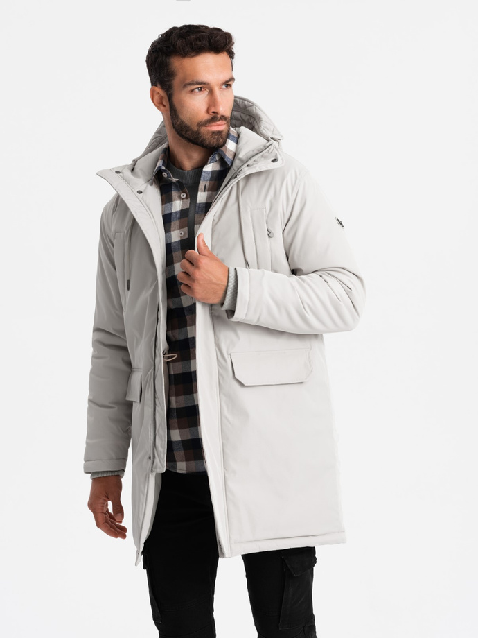 Long classic men's parka jacket - cream V1 OM-JALJ-0166