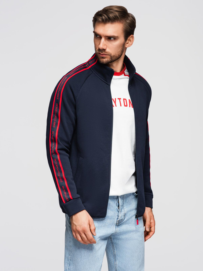 Washed men's sweatshirt with decorative stitching at the neckline - navy blue V4 OM-SSDS-0131