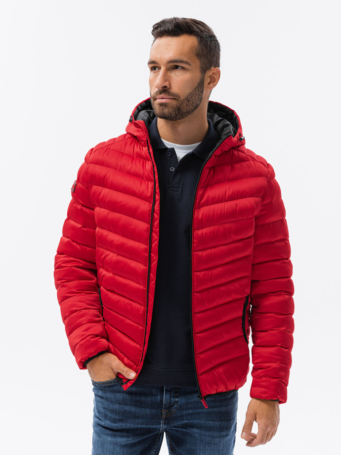 Men's quilted jacket with satin finish - red V7 OM-JALP-0121