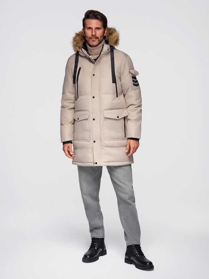 Men's long warm parka jacket with hood - beige V5 OM-JALJ-0182