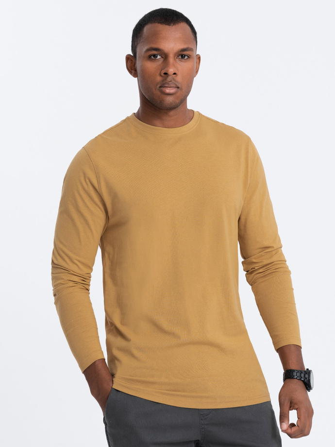 Męski longsleeve BASIC z okrągłym dekoltem - musztardowy V10 OM-LSBL-0106