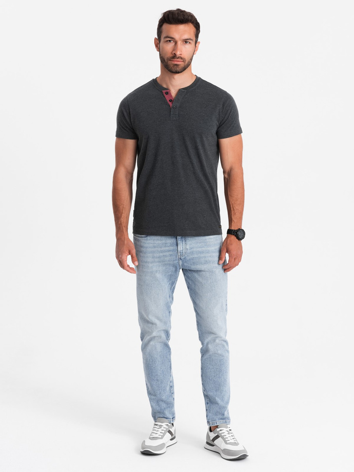 Męski t-shirt z rozpinanym okrągłym dekoltem henley – czarny V4 OM-TSCT-0155