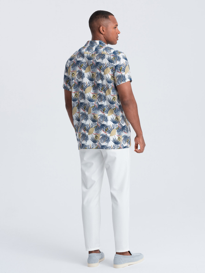 Wiskozowa wzorzysta męska koszula z krótkim rękawem – palmy V7 OM-SHPS-0113