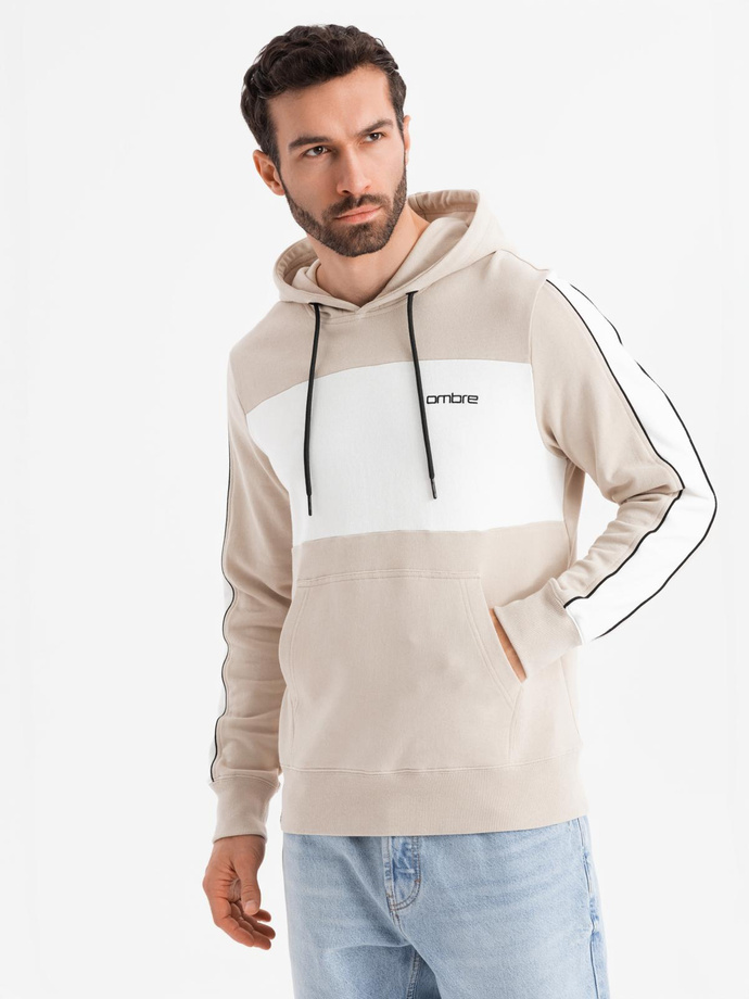 Bawełniana męska bluza z kapturem z kontrastującymi elementami - beżowa V2 OM-SSNZ-0225