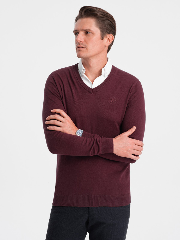 Sweter męski z dekoltem "w serek" z koszulowym kołnierzykiem - bordowy V8 OM-SWSW-0102