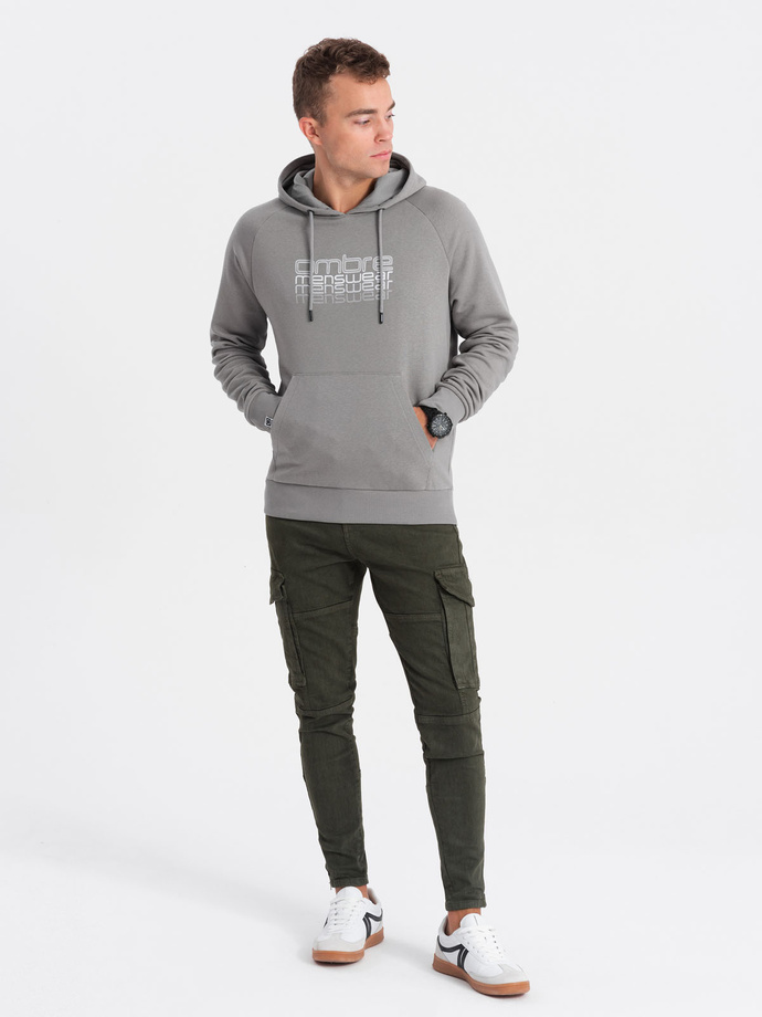 Men's non-stretch hooded sweatshirt with print - grey V2 OM-SSPS-0153