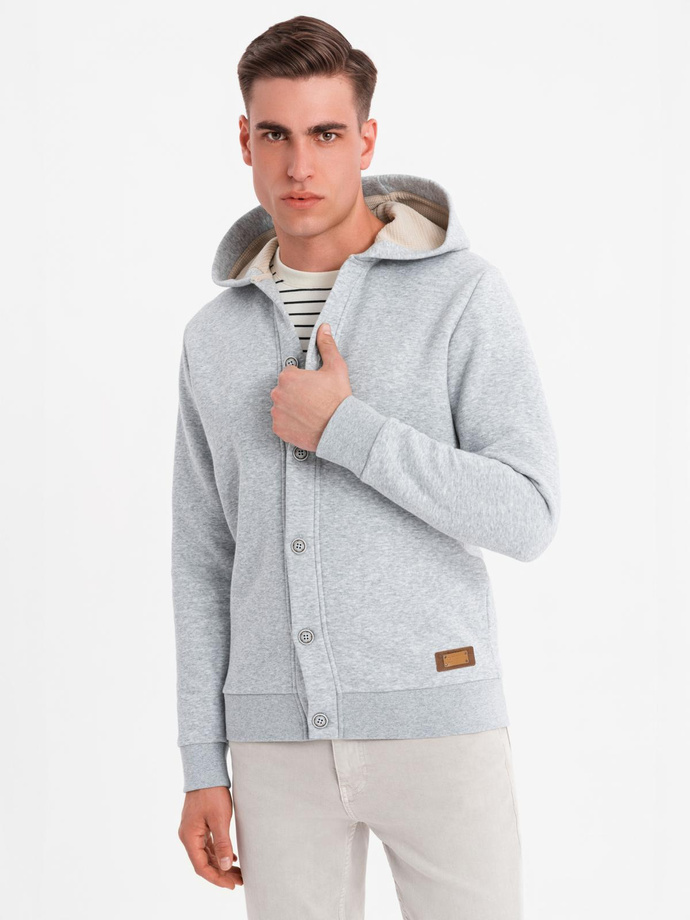 Men's button-down hooded sweatshirt - grey melange V2 OM-SSZP-0186