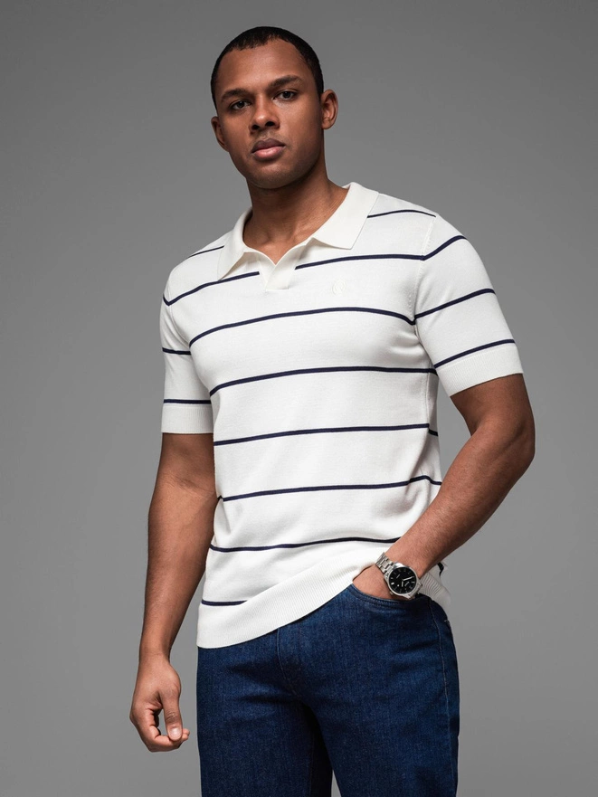 Men's horizontal striped viscose polo shirt - white and navy V2 OM-POSS-0145