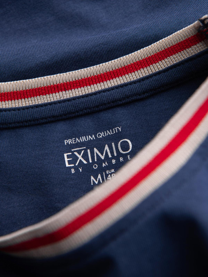 Men's cotton longsleeve with striped U neckline and embroidery - dark blue V3 OM-LSCL-0128