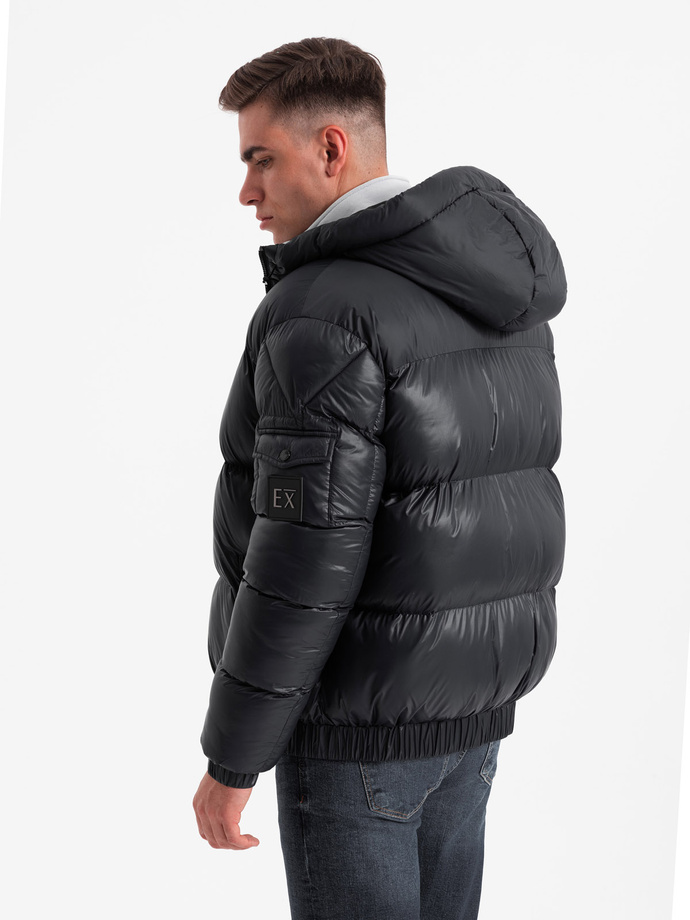 Men's warm puffer jacket with welts - black V1 OM-JAHP-0207