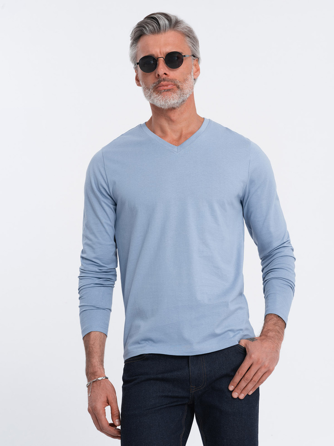 Męski longsleeve bez nadruku z dekoltem w serek - niebieski denim V9 OM-LSBL-0108