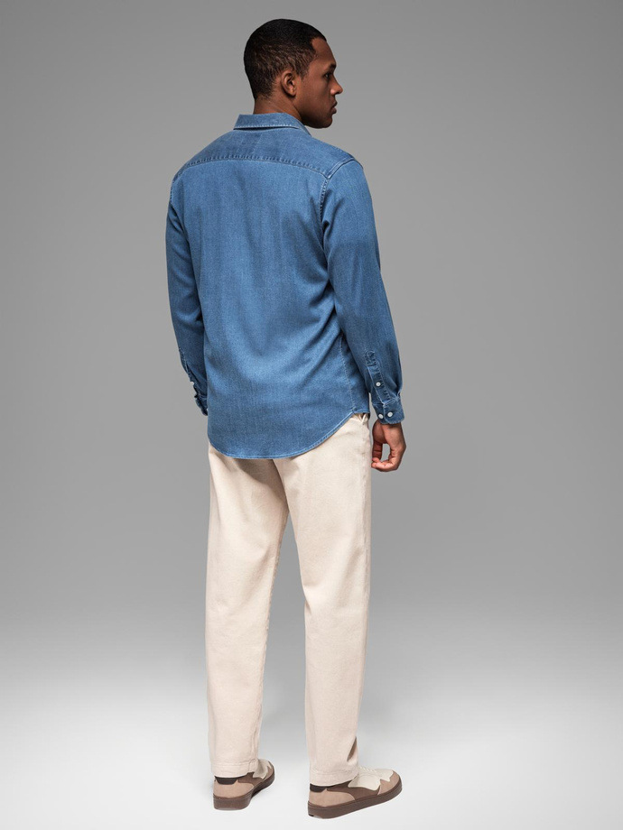 Men's denim shirt with lyocell and embroidery on the chest - blue V2 OM-SHDS-0180