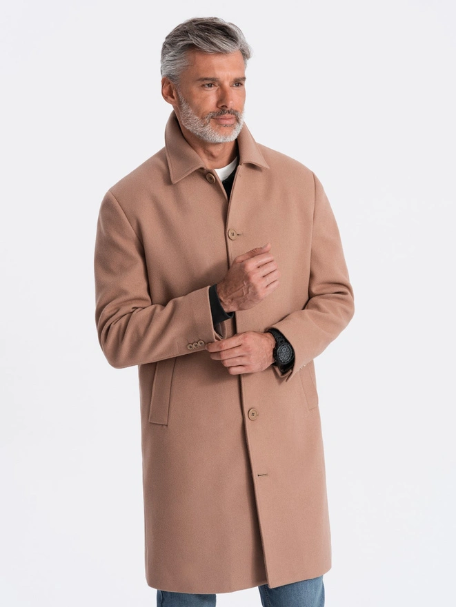 Single-breasted men's long coat with collar and bolster - brown V2 OM-COWC-0106